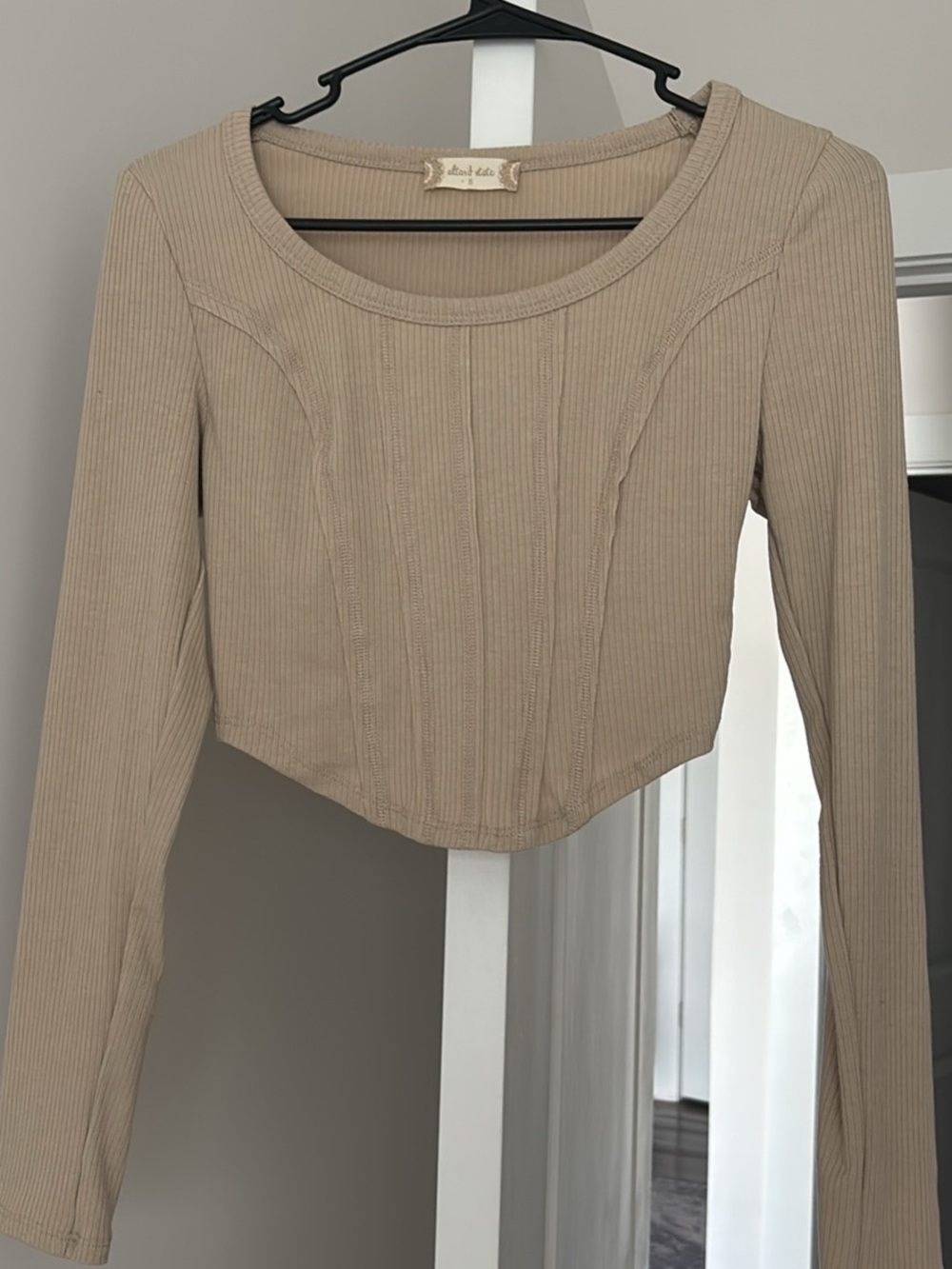 Altar'd State Beige Ribbed Long-Sleeve Crop Top